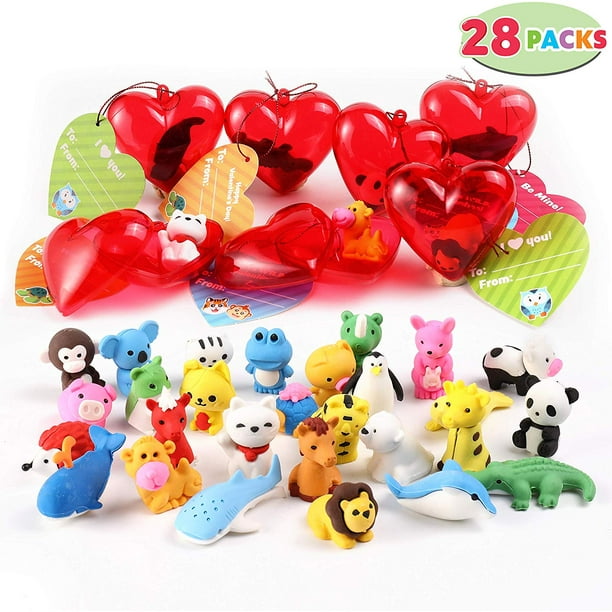 28 Pcs Valentine/’s Day Cards with Animal Erasers for Party Favor Classroom Prize Supplies Valentine/’s Greeting Cards